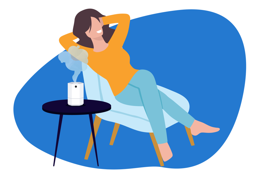 Ilustração de pessoa sentada na cama a inalar cheiros de um difusor de óleos essenciais